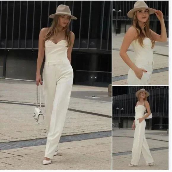 ZARA Oyster White Tuxedo The Masculine Trousers & Bustier Sweetheart Neckline